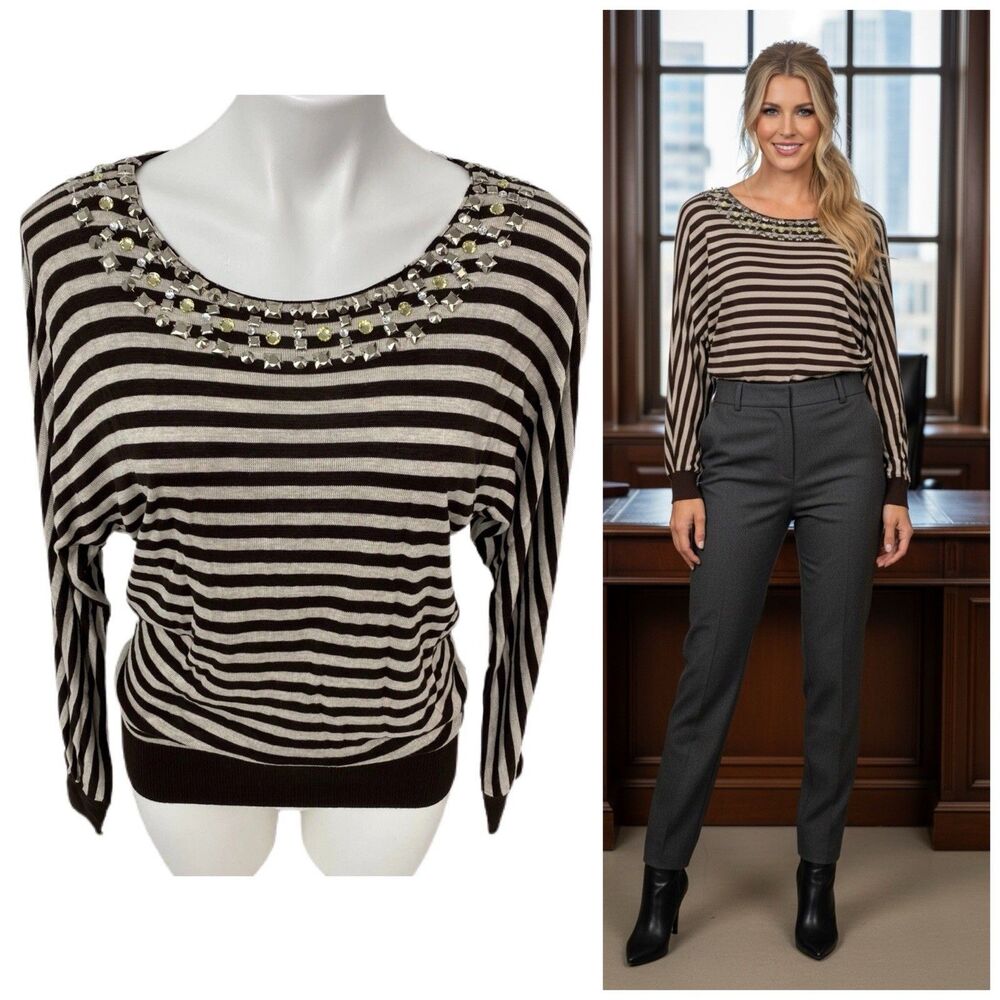 INC Sweater Womens Medium Black Tan Stripe Beaded Top Long Sleeve Work Office